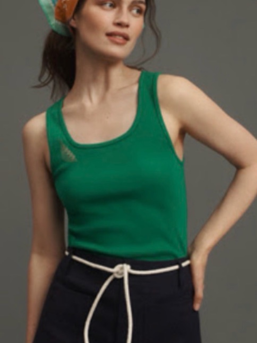 NWT Maeve Bright Green Ribbed Tank Pea Pod Embroidery XS top shirt sleeveless
